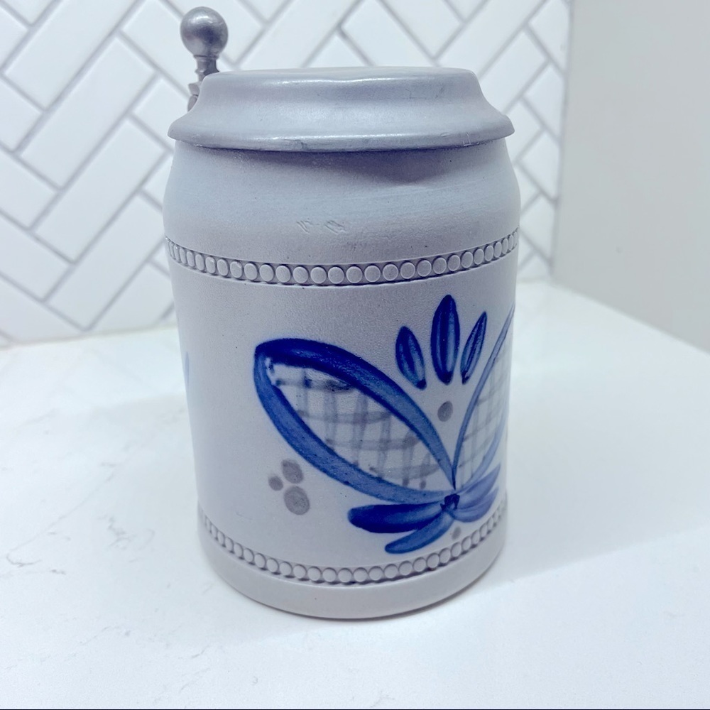 Vintage German Authentic Salt Glaze Handpainted Pottery Stein Mug Cobalt Blue